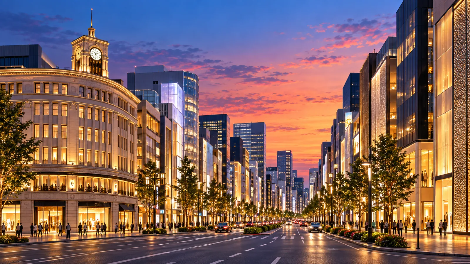 Illustrative view of Ginza at dusk in Tokyo