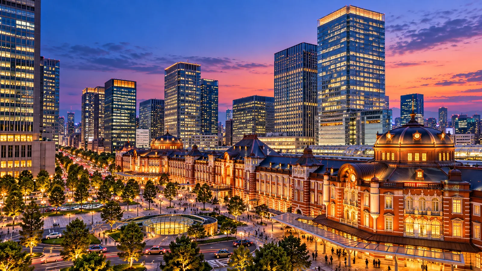 Illustrative view of Tokyo Station and Marunouchi at dusk