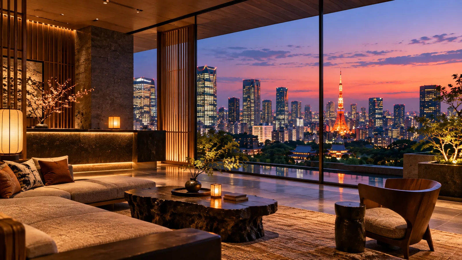 Illustrative Japanese-inspired luxury hotel interior in Tokyo