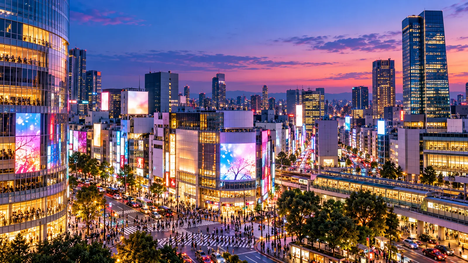 Illustrative view of Shibuya at dusk in Tokyo