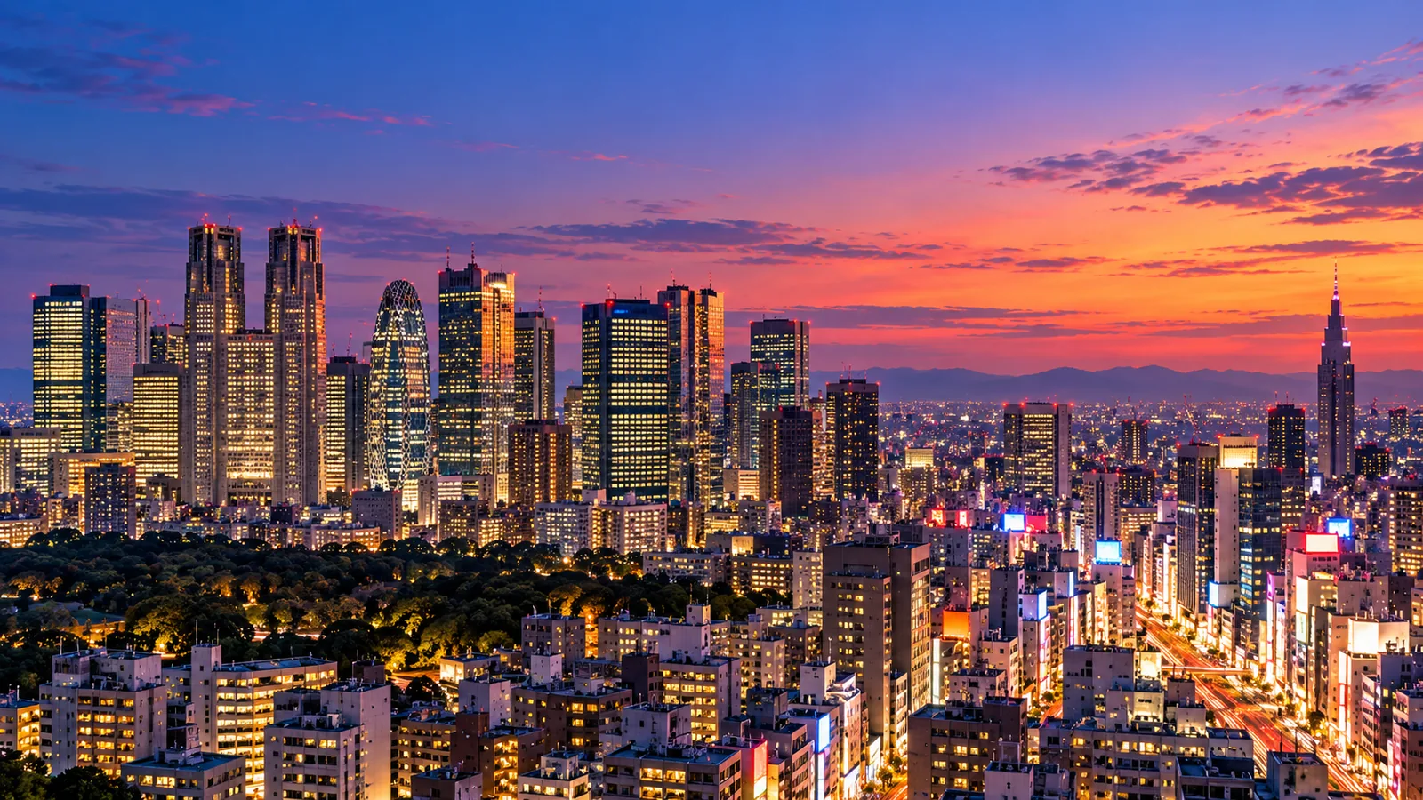 Illustrative Shinjuku skyline at dusk in Tokyo